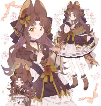 1girl ;d ame_ame animal_ear_fluff animal_ears boots bow brown_boots brown_bow brown_hair closed_mouth frilled_sleeves frills full_body hair_bow highres long_hair long_sleeves looking_at_viewer multiple_views one_eye_closed open_mouth orange_eyes original parted_bangs pleated_skirt rabbit_ears rabbit_girl sample_watermark skirt smile standing watermark white_background white_skirt