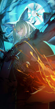 1girl absurdres animal_ears arknights black_coat blonde_hair closed_mouth coat commentary film_grain fox_ears fox_girl highres holding holding_sword holding_weapon kimo_suna long_hair long_sleeves looking_at_viewer night scar scar_on_face solo sword vulpisfoglia_(arknights) weapon wide_sleeves yellow_eyes