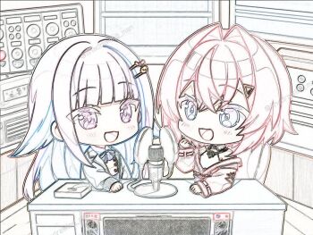 Rule 34 | 2girls, :d, ange katrina, ange katrina (2nd costume), blush, chibi, commentary request, crossed bangs, desk, hair intakes, hair ornament, hand up, jacket, lapels, lineart, linedrawing man, lize helesta, long hair, long sleeves, looking at another, medium hair, microphone, multiple girls, neck ribbon, nijisanji, notched lapels, open clothes, open jacket, open mouth, partially open jacket, pop filter, recording studio, ribbon, sidelocks, single off shoulder, smile, triangle hair ornament, twitter username, very long hair, virtual youtuber, watermark