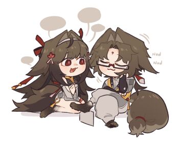Rule 34 | 1boy, 1girl, :3, animal feet, bare shoulders, blank speech bubble, blush, breasts, brother and sister, brown hair, brown tail, chibi, chibi only, china dress, chinese clothes, cleavage, closed eyes, closed mouth, clothing cutout, clover, clover hair ornament, commentary, crossed legs, dress, droopy ears, english commentary, facial mark, forehead mark, glasses, hair ornament, hairband, head rest, highres, long hair, looking at another, motion lines, open mouth, orange vest, parted bangs, red eyes, siblings, simple background, sitting, sound effects, speech bubble, tail, tofuisstilltofu, underboob cutout, vest, white background, white hairband, ye shiyuan, ye shunguang, zenless zone zero