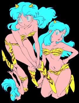 Rule 34 | 1girl, animal print, aqua eyes, aqua hair, bare arms, bare shoulders, bikini, black background, boots, breasts, cleavage, closed mouth, falling, full body, hand on own hip, horns, kneeling, leaning forward, long hair, lum, medium breasts, midriff, multiple views, navel, parted lips, print bikini, print boots, pure to ma, sidelocks, solo, swimsuit, tiger print, urusei yatsura, yellow bikini, yellow boots