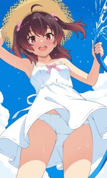 Rule 34 | 1girl, asakura mihono, bare arms, bare shoulders, breasts, brown eyes, brown hair, dress, highres, medium hair, ototsu (nitta225), panties, small breasts, solo, thighs, toji no miko, twintails, underwear, white dress, white panties