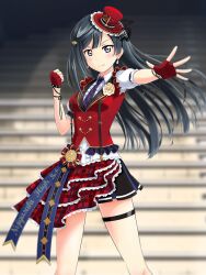 Rule 34 | 1girl, arjend, black hair, black shorts, breasts, chase! (love live!), clenched hand, closed mouth, collared shirt, commentary request, fingerless gloves, gloves, grey eyes, hand up, hat, long hair, looking at viewer, love live!, love live! nijigasaki high school idol club, medium breasts, necktie, one side up, outstretched arm, puffy short sleeves, puffy sleeves, purple necktie, red gloves, red hat, red skirt, shirt, short sleeves, shorts, shorts under skirt, skirt, smile, solo, stairs, standing, thigh strap, tilted headwear, upper body, v-shaped eyebrows, white shirt, yuki setsuna (love live!)