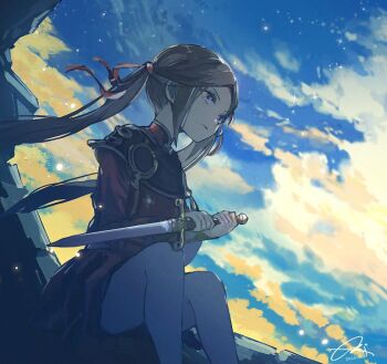 Rule 34 | 1girl, aged down, blue sky, brown hair, closed mouth, cloud, commentary request, dagger, dress, edelgard von hresvelg, edelgard von hresvelg (young), fire emblem, fire emblem: three houses, fire emblem heroes, hair ribbon, holding, holding dagger, holding knife, holding weapon, knife, long hair, long sleeves, nijihayashi, nintendo, outdoors, purple eyes, red dress, ribbon, sitting, sky, solo, twintails, weapon