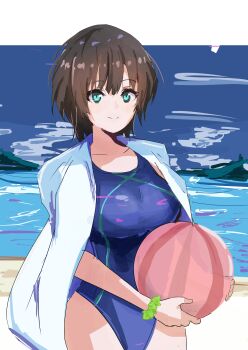 1girl aoi_erika ball beach beachball black_hair blue_eyes bracelet commentary_request heaven_burns_red highres jewelry joedan_yunari looking_at_viewer one-piece_swimsuit short_hair swimsuit