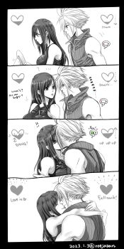 Rule 34 | 1boy, 1girl, absurdres, affection meter, arms around neck, arrow (symbol), bare arms, bare shoulders, black hair, breasts, cloud strife, couple, dated, earrings, energy bar, english text, final fantasy, final fantasy vii, final fantasy vii: advent children, greyscale, heart, hetero, highres, hug, jewelry, kiss, large breasts, lips, long hair, looking at another, monochrome, notice lines, roejapan, sequential, shirt, short hair, sleeveless, sleeveless shirt, smile, spiked hair, stud earrings, tifa lockhart, twitter username, upper body, zipper