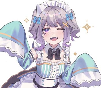 1girl ;d absurdres alternate_costume alternate_hairstyle apron aqua_sleeves black_bow black_bowtie blue_bow bow bowtie breasts buttons cosplay curly_sidelocks detached_collar detached_sleeves double-breasted enmaided face_jewel fang frilled_apron frills ghost_pose grey_hair hair_bow hair_flaps hair_ornament hands_up heart heart_o-ring highres hololive hololive_english indie_virtual_youtuber koseki_bijou light_blush long_sleeves looking_at_viewer maid maid_apron maid_headdress material_growth mint_fantome mint_fantome_(cosplay) mint_fantome_(minto_2.0) o-ring one_eye_closed open_mouth purple_hair ricke_2002 short_twintails sidelocks simple_background skin_fang sleeves_past_fingers sleeves_past_wrists small_breasts smile smug solo sparkle striped_clothes triangular_headpiece twintails underbust upper_body v-shaped_eyebrows vertical-striped_clothes virtual_youtuber waist_apron white_apron white_background wing_collar x_hair_ornament
