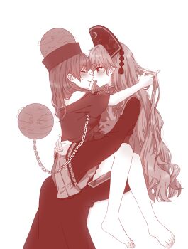 Rule 34 | 2girls, absurdres, barefoot, blush, chain, closed eyes, closed mouth, commentary request, dalachi (headdress), dress, frilled skirt, frills, hat, hecatia lapislazuli, highres, hug, junko (touhou), long hair, mochigumo, monochrome, multiple girls, neck ribbon, off-shoulder shirt, off shoulder, open mouth, partial commentary, ribbon, shirt, short sleeves, sitting, sitting on lap, sitting on person, skirt, smile, tabard, toes, touhou, very long hair, yuri