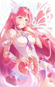 1girl absurdres bare_shoulders breasts commentary cyrene_(honkai:_star_rail) cyrene_(ripples_of_past_reverie)_(honkai:_star_rail) diamond-shaped_pupils diamond_(shape) dress flower hair_flower hair_ornament halo heart highres holding holding_heart honkai:_star_rail honkai_(series) large_breasts long_hair pempi pink_hair pointy_ears purple_eyes simple_background smile solo symbol-only_commentary symbol-shaped_pupils very_long_hair white_background white_dress