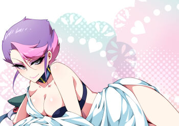 1girl black_bra bra breasts choujuu_kishin_dancouga cleavage collar collarbone dancouga_(series) eyeshadow grey_eyes hair_behind_ear looking_at_viewer lying makeup medium_breasts multicolored_hair pink_hair purple_eyeshadow purple_hair robot_girls_z shapi_(robot_girls_z) shapiro smile solo streaked_hair toga underwear