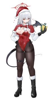 1girl absurdres alternate_costume black_boots black_gloves black_pantyhose black_wings blue_archive boots braid breasts capelet christmas covered_navel demon_tail demon_wings detached_sleeves full_body fur-trimmed_boots fur-trimmed_capelet fur-trimmed_headwear fur_trim gloves grey_hair halo haruna_(blue_archive) hat heart high_heel_boots high_heels highres large_breasts leotard long_hair pantyhose piercing red_capelet red_eyes red_halo red_hat red_leotard santa_hat side-tie_leotard side_braid simple_background single_wing standing strapless strapless_leotard tail thigh_strap thighband_pantyhose umber00 very_long_hair white_background white_sleeves wing_piercing wings