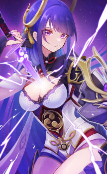 Rule 34 | 1girl, arm up, armor, blunt bangs, breasts, cleavage, commentary, electricity, fake horns, genshin impact, glowing, glowing sword, glowing weapon, hair down, head tilt, headpiece, highres, holding, holding sword, holding weapon, horns, japanese armor, katana, large breasts, light particles, long hair, looking at viewer, mitsudomoe (shape), musou isshin (genshin impact), naruno suke (narunosk), parted lips, purple background, purple eyes, purple hair, raiden shogun, raiden shogun (magatsu mitake narukami no mikoto), shoulder armor, solo, sword, thick thighs, thighs, tomoe (symbol), upper body, weapon