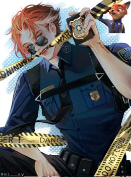 Rule 34 | 1boy, belt, black belt, black necktie, black pants, blue shirt, chest belt, collared shirt, ei zy, fang, green eyes, hair slicked back, humanization, looking at viewer, male focus, multicolored hair, necktie, nick wilde, orange hair, pants, parted bangs, parted lips, police, police uniform, policeman, shirt, short hair, solo, sunglasses, teeth, upper body, zootopia