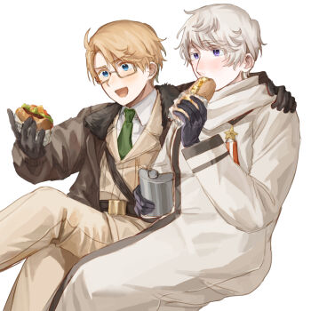 2boys ahoge america_(hetalia) axis_powers_hetalia belt black_belt black_gloves blonde_hair blue_eyes blush bottle brown-framed_eyewear brown_jacket burger coat collared_coat collared_shirt commentary_request covering_own_mouth eating feet_out_of_frame food fur-trimmed_jacket fur_trim glasses gloves green_necktie grey_hair hair_between_eyes hand_on_another&#039;s_shoulder hands_up harutoro_39487 highres holding holding_burger holding_food hot_dog jacket lapels leather leather_gloves long_sleeves male_focus medal military military_jacket military_uniform multiple_boys necktie open_clothes open_jacket open_mouth orange_jacket orange_pants pants puffy_long_sleeves puffy_sleeves purple_eyes russia_(hetalia) semi-rimless_eyewear shirt short_hair simple_background sitting smile star_ornament white_background white_coat white_shirt