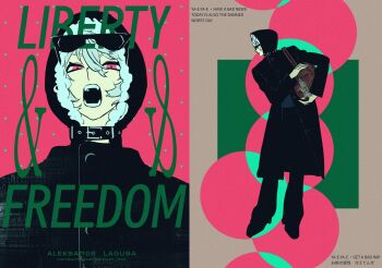 1boy alternate_costume alternate_eye_color bag banknote belt_collar black_coat black_collar black_pants black_shirt black_shoes brown_bag character_name closed_mouth coat collar copyright_notice dollar_bill empty_eyes english_text engrish_text expressionless eyewear_on_head fangs full_body fur-trimmed_hood fur_trim hair_between_eyes highres hood hood_up kuzuha_(nijisanji) leather_bag limited_palette long_sleeves looking_at_viewer looking_to_the_side lyrics male_focus mole mole_under_eye money nijisanji open_mouth pants pink_eyes ranguage shirt shoes short_hair shoulder_bag sidelocks sishuiloe_1994 slit_pupils solo song_name standing sunglasses turning_head twitter_username upper_body virtual_youtuber white_hair