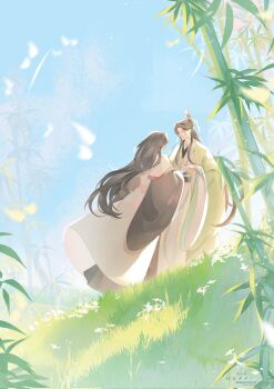 Rule 34 | 2boys, backlighting, bamboo, bamboo forest, black hair, black hanfu, blue sky, chinese clothes, closed eyes, commentary, curtained hair, english commentary, facing another, floating clothes, flower, forest, full body, green hanfu, half updo, hanfu, highres, holding hands, layered sleeves, light particles, long sleeves, luo binghe, multiple boys, nature, on grass, parted bangs, peropapapa18, renzha fanpai zijiu xitong, ribboned xiao guan, robe, shen qingqiu, sky, smile, standing, twitter username, white flower, white robe, wide sleeves, wolf cut, yaoi
