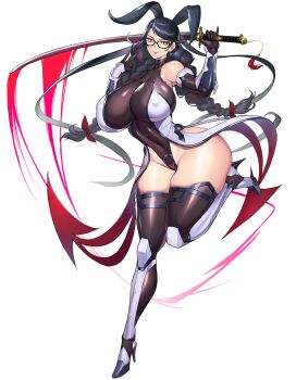 1girl alternate_breast_size_(larger) ass bayonetta bayonetta_(series) bayonetta_3 braid braided_twintails breasts cosplay covered_erect_nipples curvy elbow_gloves female_focus full_body glasses gloves gurimjang high_heels highleg highleg_leotard highres huge_ass huge_breasts leotard long_hair looking_at_viewer mature_female mizuki_shiranui rabbit_ears skindentation solo sword taimanin_(series) taimanin_suit taimanin_yukikaze thick_thighs thighhighs thighs twin_braids weapon wide_hips