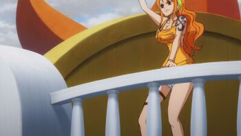 10s 1girl 2019 animated animated_gif arm_tattoo bangle bare_shoulders bikini bikini_under_clothes blue_sky bouncing_breasts bow bow_hairband bracelet breasts cleavage clima-tact cloud cloudy_sky collarbone earrings green_hairband hair_ribbon hairband jewelry large_breasts long_hair nami_(one_piece) narrow_waist official_alternate_costume one_piece one_piece:_stampede open_mouth orange_eyes orange_hair orange_overalls overall_shorts overalls pearl_earrings ribbon ship shoulder_tattoo sideboob sidelocks sky solo swimsuit tagme tattoo thigh_strap thousand_sunny upper_body v-shaped_eyebrows watercraft wavy_hair white_bikini wide_hips yellow_overalls