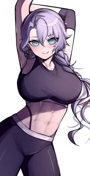 abs armpits arms_up blue_eyes breasts large_breasts pants phase_connect purple_hair shisui_michiru_(phase_connect) silva_arts sports_bra virtual_youtuber yoga_pants