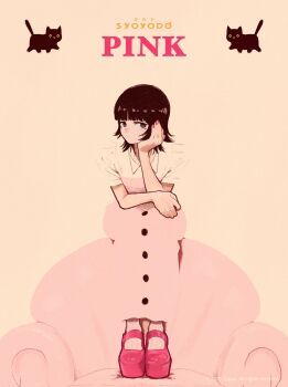 1girl black_cat black_eyes black_hair blunt_bangs cat chair closed_mouth collared_dress copyright_name dress english_text feet_on_chair fingernails full_body head_on_hand highres looking_at_viewer mary_janes on_chair original pink_dress pink_nails pink_shoes platform_shoes shoes short_hair short_sleeves simple_background solo straight-on syooooyoooo