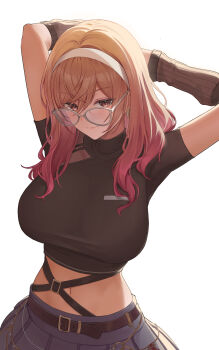 1girl absurdres ahoge arm_warmers arms_up belt black_belt black_shirt breasts closed_mouth commentary earrings english_commentary glasses gradient_hair hairband highres hololive hololive_dev_is ichijou_ririka jewelry large_breasts long_hair looking_at_viewer midriff multicolored_hair navel orange_eyes orange_hair pink_hair pleated_skirt shirt short_sleeves simple_background skirt smile solo steelball_(jwk76806995) swept_bangs virtual_youtuber white_background white_hairband white_skirt