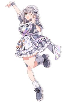 1girl ;d apron arm_up back_bow bandaid bandaid_on_leg bow dress dress_bow frilled_apron frilled_dress frills full_body green_eyes grey_dress grey_hair grey_shoes hair_ornament hand_up hechima_(issindotai) highres hololive layered_dress loose_socks maid maid_headdress medium_hair official_alternate_costume official_art one_eye_closed open_mouth outstretched_arm platform_shoes puffy_short_sleeves puffy_sleeves second-party_source shirogane_noel shoes short_dress short_sleeves simple_background smile sneakers socks solo standing standing_on_one_leg teeth transparent_background upper_teeth_only virtual_youtuber white_apron white_socks wing_hair_ornament wrist_cuffs