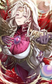 Rule 34 | 1girl, absurdres, breasts, character request, commentary request, covered collarbone, crescent, dress, grey hair, guest art, hair between eyes, highres, hood, igayan, lips, liquid from mouth, long hair, long sleeves, pink eyes, see-through cleavage, see-through clothes, shadow, silver and blood, solo, white dress