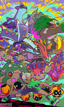 1boy :q artist_name commentary_request dark-skinned_male dark_skin dragalge drumsticks eternatus eternatus_(normal) falinks garbodor gen_5_pokemon gen_6_pokemon gen_7_pokemon gen_8_pokemon glasses gloves highres holding holding_drumsticks holding_poke_ball legendary_pokemon nintendo partially_fingerless_gloves poke_ball poke_ball_(basic) pokemon pokemon_swsh pokemon_team rillaboom sharp_teeth shirt shoes short_hair short_sleeves shorts single_glove smile socks teeth tongue tongue_out toxapex toxtricity toxtricity_(low_key) toyama96 white_hair yellow-framed_eyewear