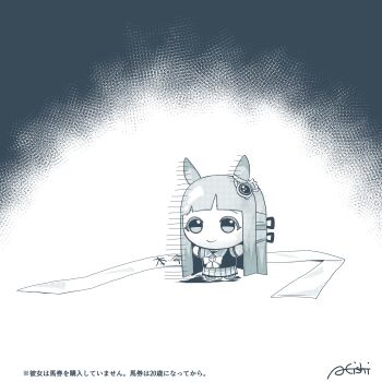 1girl a4_(a4_eishi) absurdres animal_ears blunt_bangs character_doll chibi chibigurumi chrono_genesis_(umamusume) closed_mouth commentary doll hair_between_eyes hair_ornament highres horse_ears horse_girl long_hair looking_at_viewer monochrome ribbon scarf school_uniform smile solo standing stuffed_toy tracen_school_uniform translation_request umamusume