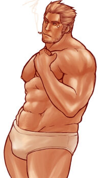 1boy abs ass bandaid bandaid_on_face bara bare_pectorals beard_stubble biceps blonde_hair bulge cid_highwind cigarette collarbone commentary_request facial_hair final_fantasy final_fantasy_vii hand_on_own_chest looking_to_the_side magnum_feering male_focus muscular muscular_male navel nipples pectorals smoke smoking stubble topless_male white_background