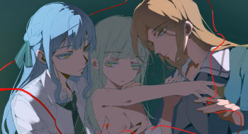 3girls absurdres arupa bang_dream! bang_dream!_it&#039;s_mygo!!!!! blue_eyes blue_hair blue_shirt breasts brown_hair chinese_commentary closed_mouth clothed_female_nude_female collared_shirt commentary_request expressionless girl_sandwich grabbing_another&#039;s_breast grabbing_from_behind green_background green_hair green_necktie grey_neckerchief groping haneoka_school_uniform highres long_hair multiple_girls nagasaki_soyo neckerchief necktie nipples nude parted_lips sailor_collar sandwiched school_uniform shirt simple_background small_breasts string string_of_fate togawa_sakiko tsukinomori_school_uniform upper_body wakaba_mutsumi white_sailor_collar white_shirt yellow_eyes yuri