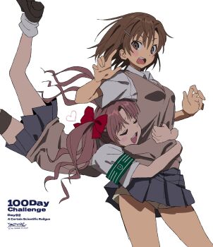 Rule 34 | 2girls, betti (xx betti), bow, brown eyes, brown hair, brown sweater vest, collared shirt, copyright name, grey skirt, hair bow, hair ornament, hairclip, heart, highres, hug, hug from behind, judgement armband (toaru), loafers, long hair, medium hair, miniskirt, misaka mikoto, multiple girls, pleated skirt, red bow, school uniform, shirai kuroko, shirt, shoes, short sleeves, signature, skirt, summer uniform, surprised, sweater vest, toaru kagaku no railgun, toaru majutsu no index, tokiwadai school uniform, twintails, v-neck, white background, white shirt, yuri