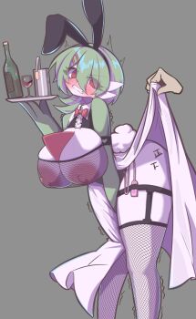 1girl alcohol angry animal_ear_hairband animal_ears armband bare_shoulders between_legs black_armband black_hairband black_panties black_shirt black_thighhighs blush body_writing bottle bowtie breasts buttons center_frills cleavage_cutout clenched_teeth clothing_cutout collared_shirt controller cup disembodied_hand drinking_glass embarrassed eyes_visible_through_hair fake_animal_ears fake_tail female_focus fishnet_thighhighs fishnet_top fishnets frills gardevoir garter_straps gen_3_pokemon green_hair grey_background hair_ornament hairband hairclip hand_between_own_legs hand_up heart_cutout holding holding_tray huge_breasts ice_bucket knees_together_feet_apart leaning_forward lifting_another's_clothes looking_back messy_hair nintendo nipples nose_blush panties partial_humanization patato_king pokemon pokemon_(creature) rabbit_ears rabbit_tail red_bow red_bowtie red_eyes remote_control remote_control_vibrator revealing_clothes shirt short_hair short_tail sidelocks simple_background sleeveless sleeveless_shirt solo_focus standing tail tally teeth thick_thighs thigh_strap thighhighs thighs tongs traditional_bowtie tray trembling underwear v-shaped_eyebrows vibrator vibrator_cord vibrator_in_thigh_strap vibrator_under_clothes vibrator_under_panties wide_hips wine wine_bottle wine_glass