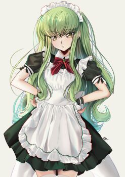 1girl absurdres apron black_dress bow bowtie budgiepon c.c. code_geass cowboy_shot dress green_eyes green_hair grey_background highres long_hair maid maid_apron maid_headdress parted_lips puffy_short_sleeves puffy_sleeves red_bow red_bowtie short_sleeves solo thighs white_apron