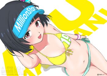 1girl :d arm_at_side arm_up bikini black_hair blunt_bangs blush breasts brown_eyes collarbone dot_nose feet_out_of_frame from_above front-tie_bikini_top front-tie_top green_bikini groin hair_bobbles hair_ornament hand_in_own_hair head_tilt highres idolmaster idolmaster_million_live! idolmaster_million_live!_theater_days loli looking_at_viewer nakatani_iku navel open_mouth short_hair side-tie_bikini_bottom sidelocks small_breasts smile solo standing striped_bikini striped_clothes swimsuit white_background wristband yellow_bikini yosson_s