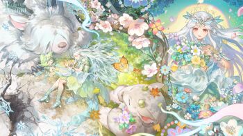 1girl ^_^ absurdres animal artist_request autumn_leaves baby_animal blue_flower blue_wings bouquet bracelet branch bridal_gauntlets bud bug butterfly butterfly_hair_ornament cat cherry_blossoms circlet cloak closed_eyes clothed_animal colored_extremities commentary copyright_logo crack dress ear_covers english_commentary fairy fairy_wings flower flower_dress forest forest_ripple_(infinity_nikki) frostbound_behemoth_(infinity_nikki) green_bridal_gauntlets green_cloak green_dress hair_ornament hair_spread_out happy highres holding holding_bouquet hood hood_up hooded_cloak infinity_nikki insect jewelry leaf light_particles logo long_hair long_sidelocks lying magic medium_dress mini_wings momo_(nikki) multiple_views nature nikki_(series) official_art on_grass on_side orange_butterfly outdoors parted_lips petals pink_flower pointy_nose purple_flower second-party_source short_sleeves sidelocks sleeping snowflakes sproutborne_behemoth_(infinity_nikki) very_long_hair wavy_hair white_cat white_flower white_hair wings yellow_butterfly yellow_flower