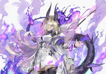 arknights coat commentary_request dragon_girl dragon_horns dragon_tail fire grey_hair hair_over_one_eye highres horns jewelry kasumi_yuzuha long_hair necrass_(arknights) open_clothes open_coat purple_fire ring tail thighhighs torn_clothes torn_thighhighs white_background white_coat