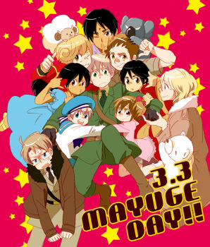 2girls 6+boys :3 :d ;) ;3 america_(hetalia) anger_vein animal australia_(hetalia) axis_powers_hetalia bear bindi black_hair blonde_hair blue_eyes brown_eyes brown_hair canada_(hetalia) dated dress eyebrows facial_mark finger_to_mouth forehead_mark green_eyes group_hug hair_ornament hair_ribbon hat hong_kong_(hetalia) hug india_(hetalia) koala kumajirou_(hetalia) long_hair multiple_boys multiple_girls new_zealand_(hetalia) o3o one_eye_closed open_mouth principality_of_wy_(hetalia) ribbon sealand_(hetalia) seychelles_(hetalia) sheep short_hair side_ponytail smile sweat trait_connection twintails united_kingdom_(hetalia)