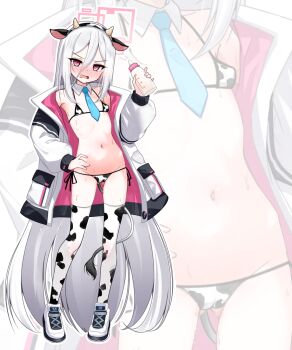 Rule 34 | 1girl, animal ear hairband, animal ears, animal print, baby bottle, bikini, blue archive, blue necktie, blush, bottle, breasts, cameltoe, commentary request, cow ear hairband, cow ears, cow girl, cow horns, cow print, cow print bikini, cow print thighhighs, cow tail, detached collar, fake animal ears, fake horns, gluteal fold, hair between eyes, hairband, halo, hand on own hip, highres, holding, holding bottle, horns, jacket, kei (blue archive), kei (new body) (blue archive), long hair, long hair between eyes, long sleeves, looking at viewer, mamiyahara hitoshige, micro bikini, multicolored jacket, navel, necktie, open mouth, pink eyes, pink halo, print bikini, print thighhighs, rectangular halo, ribs, ringed eyes, shoes, side-tie bikini bottom, solo, standing, string bikini, sweat, swimsuit, tail, thighhighs, two-tone jacket, very long hair, white hair, white jacket, white shoes, zoom layer