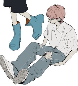 1boy aqua_boots black-framed_eyewear boots boynextdoor commentary denim ear_piercing facing_away fashion feet_up from_above full_body hand_on_own_thigh highres invisible_floor jeans jewelry jinjeocompote k-pop lower_body male_focus multiple_views oversized_clothes oversized_shirt pale_skin pants piercing pink_hair polo_shirt ring riwoo_(boynextdoor) rubber_boots shirt shoes short_hair simple_background sitting sneakers standing streetwear torn_clothes torn_jeans torn_pants twitter_username white_background white_shirt white_shoes