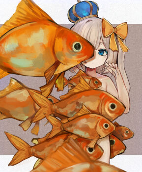 1girl blue_eyes bow completely_nude convenient_censoring crown expressionless fish hair_bow hashtag-only_commentary highres long_hair looking_at_viewer marimari_(vtuber) nude ok1teru one_eye_covered phase_connect solo twintails virtual_youtuber white_hair