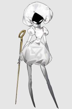 Rule 34 | 1girl, arthropod girl, black skin, colored skin, commentary request, full body, highres, holding, holding weapon, hollow eyes, hollow knight, hollow knight: silksong, juliet sleeves, korean commentary, lace (hollow knight), long sleeves, pin (hollow knight), puffy sleeves, rdif rw, simple background, standing, weapon, white eyes