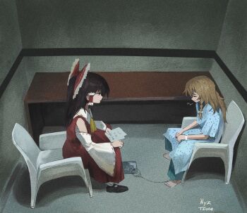 2girls absurdres ankle_cuffs bare_shoulders blonde_hair blue_dress bow braid brown_hair closed_eyes closed_mouth commentary detached_sleeves dress english_commentary from_above from_side full_body hair_bow hair_ribbon hair_tubes hakurei_reimu highres holding holding_paper indoors interrogation kirisame_marisa long_hair long_sleeves looking_at_another meme monobloc_(chair) multiple_girls nagilamagykalz nikolas_cruz_interrogation_(meme) no_headwear paper profile red_dress red_skirt red_vest ribbon sarashi sitting skirt skirt_set touhou tress_ribbon vest wide_sleeves ze_(phrase)