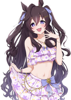 1girl absurdres animal_ears bead_bracelet beads bikini bikini_skirt black_hair blush bow bow_bikini bracelet commentary_request fingernails frilled_bikini frills hand_up highres horse_ears horse_girl horse_tail jewelry long_hair looking_at_viewer mole mole_under_eye nail_polish navel official_alternate_costume open_mouth pink_bikini print_bikini purple_bow purple_eyes sayosayo-0 simple_background skirt_hold smile solo swimsuit tail umamusume vivlos_(eclat_d&#039;ete)_(umamusume) vivlos_(umamusume) white_background white_streaks