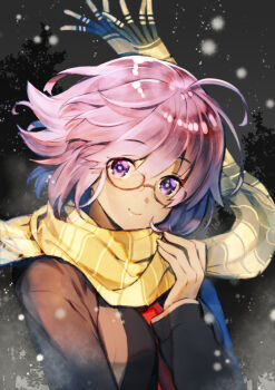 1girl ahoge black_jacket black_shirt blush breasts closed_mouth fate/grand_order fate_(series) fujikawa_akira glasses hand_up jacket long_sleeves looking_at_viewer mash_kyrielight necktie night night_sky outdoors purple_eyes purple_hair red_necktie scarf shirt short_hair sky smile smileclosed_mouth snowing solo striped_clothes striped_scarf yellow_scarf