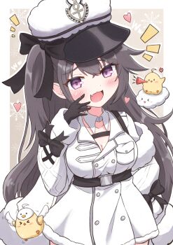 &gt;_&lt; 1girl :d adversarial_noise ahoge anger_vein azur_lane baby_animal belt bird black_bow black_gloves black_hair blush border bow breasts buttons chick coat coat_dress commentary_request double-breasted dress fang fur-trimmed_coat fur-trimmed_sleeves fur_hat fur_trim gloves hand_on_own_face hat highres holding holding_megaphone large_breasts long_hair looking_at_viewer manjuu_(azur_lane) megaphone military military_hat military_uniform notice_lines oboroillust off_shoulder on_cloud one_side_up open_clothes open_coat open_mouth pamiat_merkuria_(azur_lane) peaked_cap purple_eyes russian_clothes simple_background skin_fang smile snowflakes upper_body white_border white_coat white_hat wide_sleeves wings winter_clothes