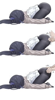 1boy 1girl absurdres black_hair black_pantyhose blue_archive cardigan grabbing_another&#039;s_ass grey_cardigan groping highres pantyhose shiro_piazi skirt sleep_molestation sleeping top-down_bottom-up ui_(blue_archive) white_skirt