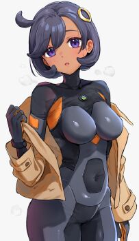 1girl black_bodysuit black_hair bob_cut bodysuit breasts brown_jacket commentary_request covered_navel cowgirl_position emma_(pokemon) highres jacket looking_at_viewer medium_breasts nintendo off_shoulder open_clothes open_jacket open_mouth pokemon pokemon_legends:_z-a purple_eyes short_hair simple_background solo straddling sweat turtleneck turtleneck_bodysuit white_background yomizu_(rdad3278)