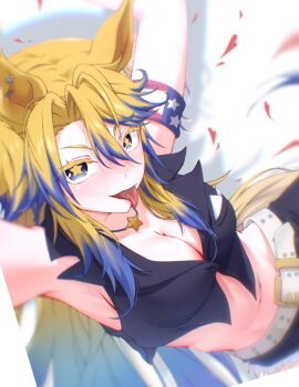 1girl american_flag american_flag_print animal_ears armband armpits arms_up asymmetrical_pants belt black_pants black_vest blonde_hair blue_eyes breasts cleavage commentary cropped_vest cutoffs daifuku_momiji dutch_angle ear_piercing eyelashes flag_print highres horse_ears horse_girl long_hair looking_at_viewer medium_breasts midriff multicolored_hair navel obey_your_master_(umamusume) open_mouth pants petal_on_body piercing smile solo standing star-shaped_pupils star_(symbol) streaked_hair symbol-shaped_pupils tongue tongue_out two-tone_hair two_side_up umamusume umamusume:_cinderella_gray vest white_belt