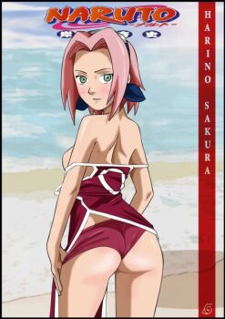 1girl ass beach breasts engrish female_focus haruno_sakura hotdesigns2 naruto_(classic) naruto_(series) pink_hair ranguage sideboob topless_female